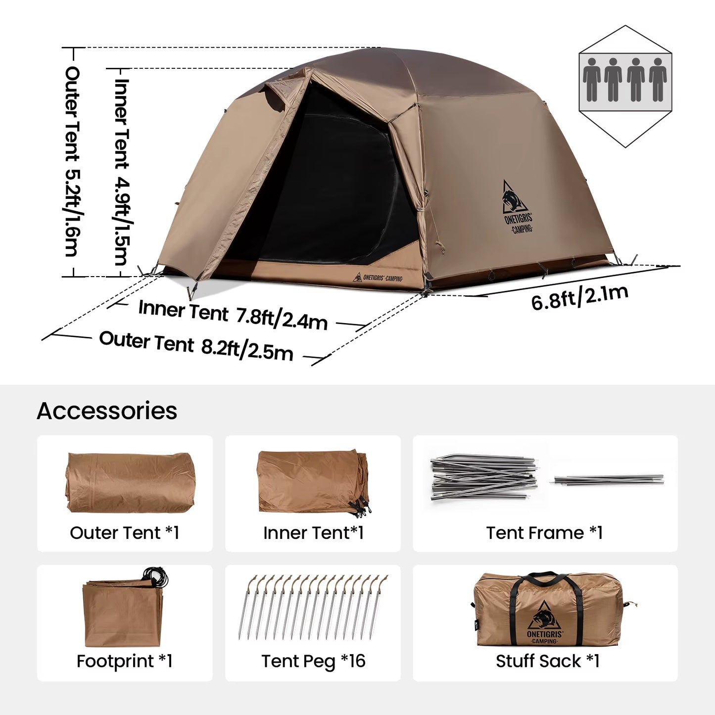 JOVIAN Camping Tent 3-Season 4-Person Dome Tent Outdoor Backpacking Shelter with Tent Bottom Waterproof Floor Mat